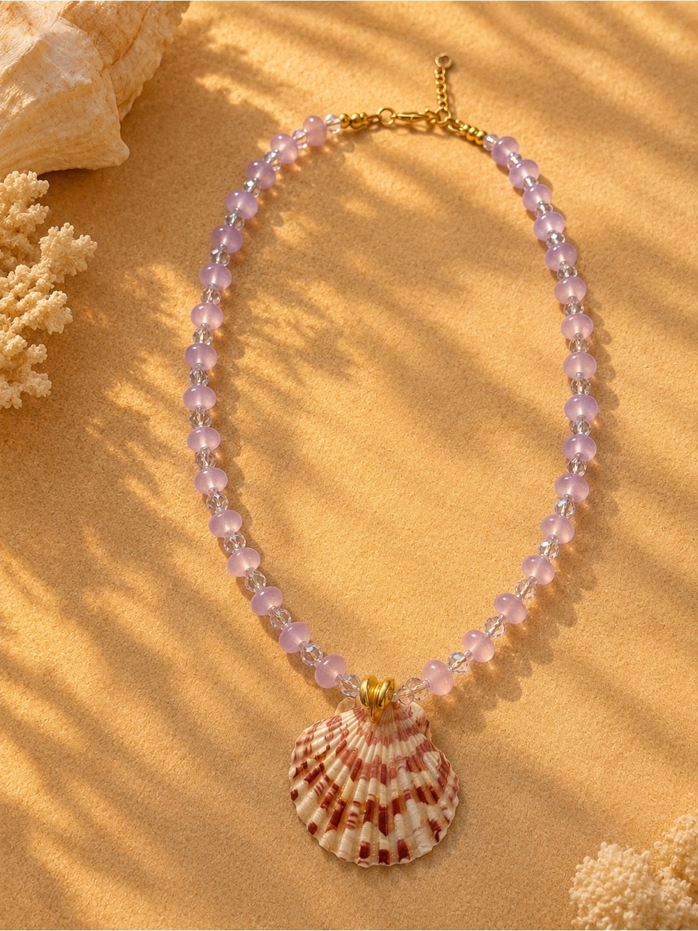 Lavender Beaded Shell Pendant Necklace - Unbranded